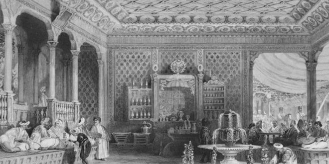 Kaffeehaus 19. Jahrhundert,illustriert von Thomas Allom und beschrieben Rev. Robert Walsh, (1772-1852) in Constantinople / Public Domain